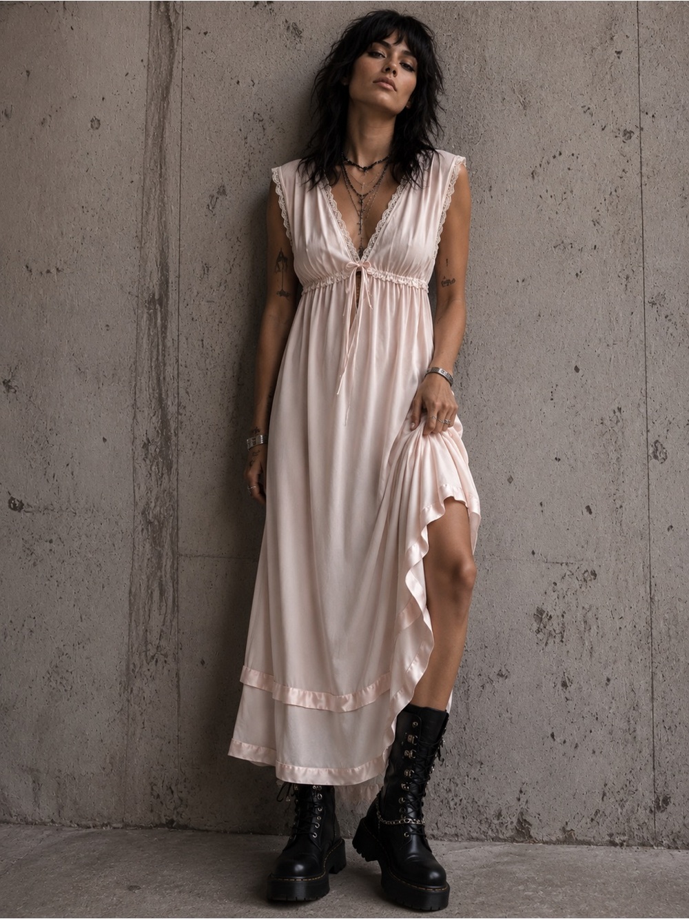 Sleeveless Blush Maxi slip Dress with V-Neck